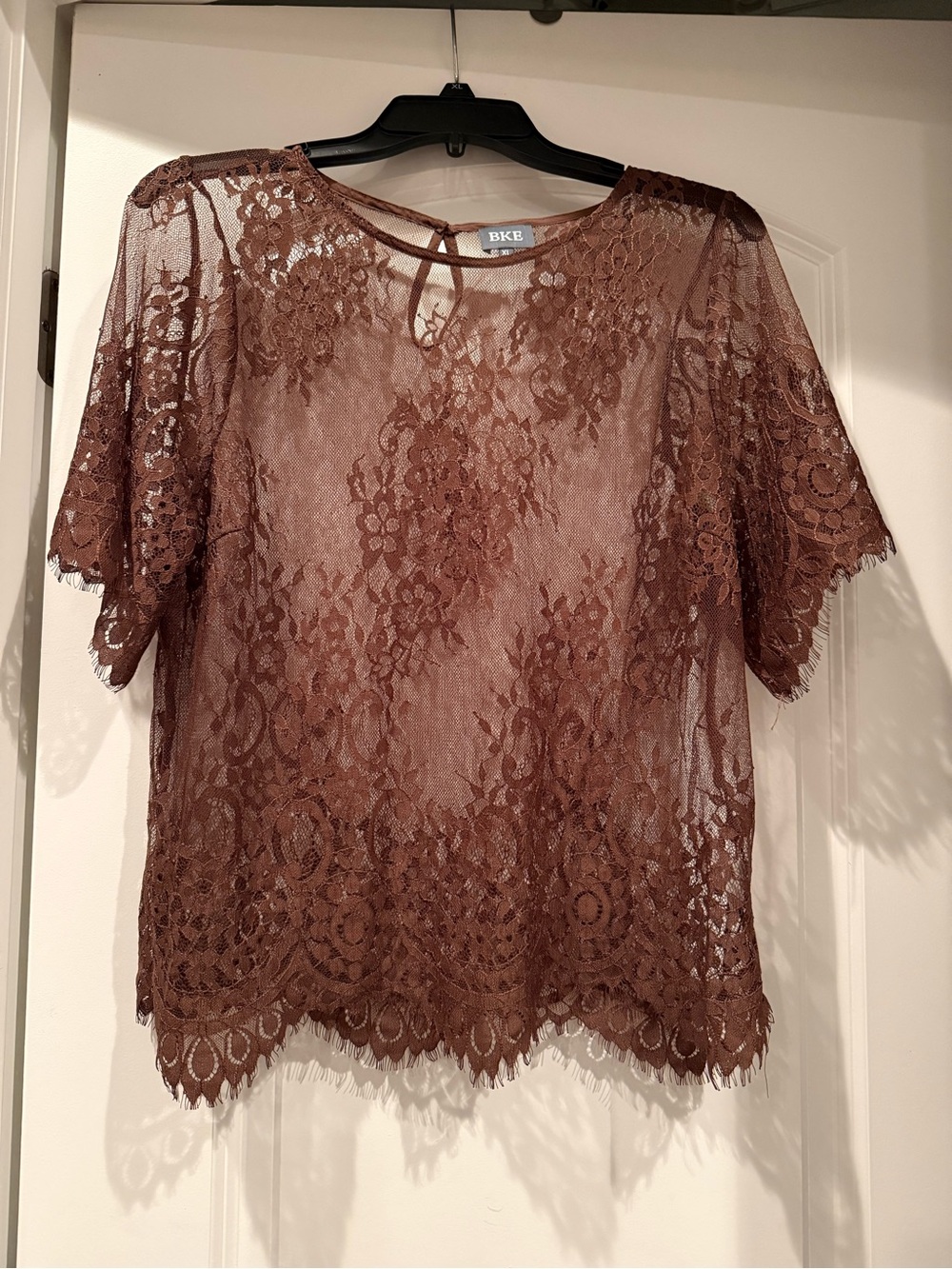 BKE Brown Floral Lace Short Sleeve Blouse